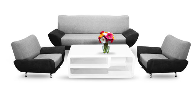 Sofa grau Tisch weiß hochglanz